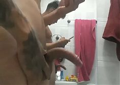 stroking my small penis in the relaxed bathroom
